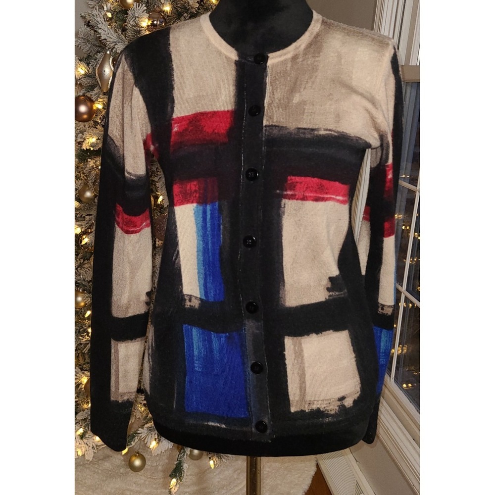 Worth Cardigan Sweater Medium Soft Wool Brown Blue Red Plaid Med Sophisticated